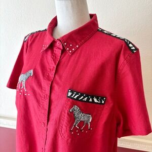 Vintage Cabin Creek Red Zebra Rhinstone Button Down Top Linen Cotton Size PXL